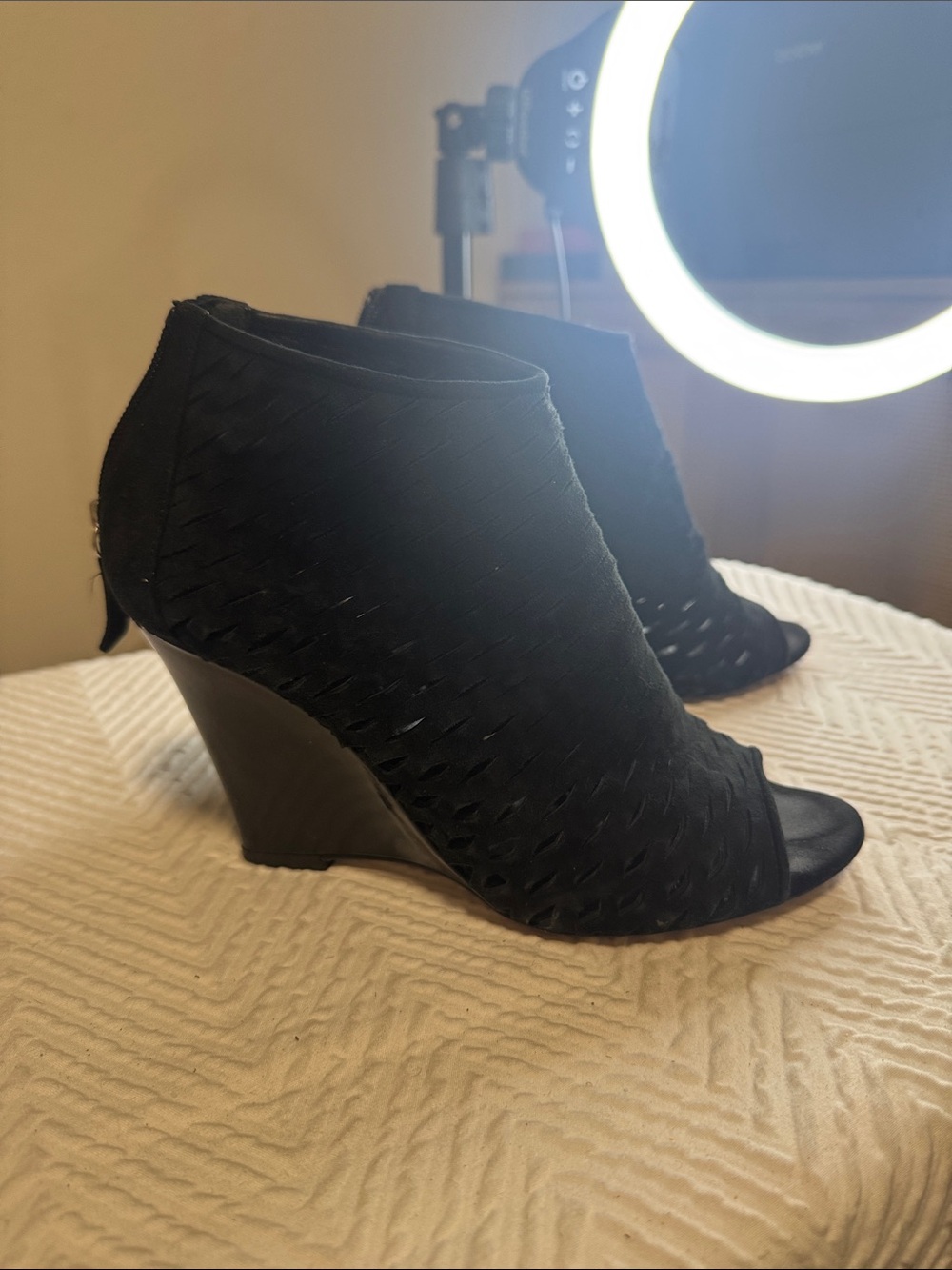 Aquatalia Black Woven Peep-Toe Wedge Booties